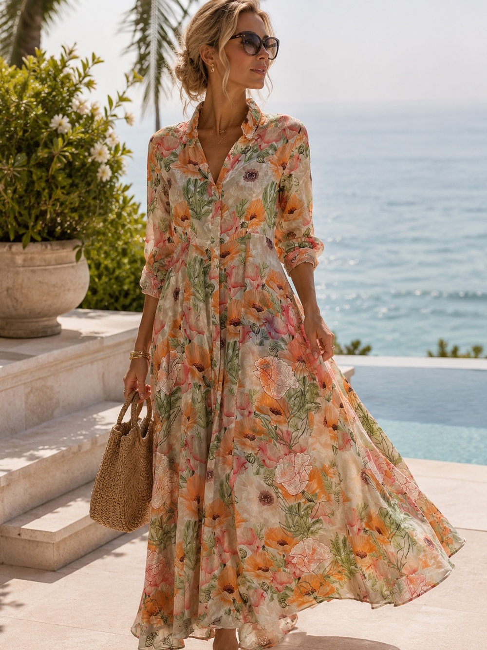 TAJ by Sabrina Crippa Millaray Pink Poppy Floral Embroidered Maxi Dress Size L